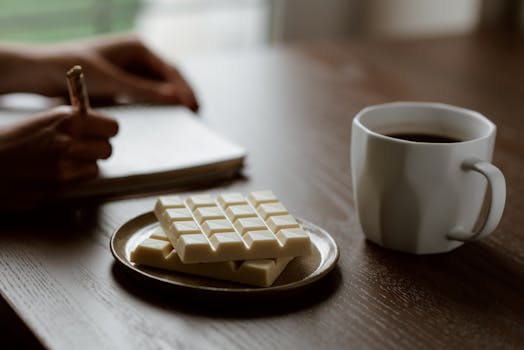 a person journaling with a cup of coffee