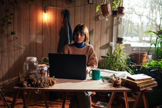 peaceful workspace with plants and books