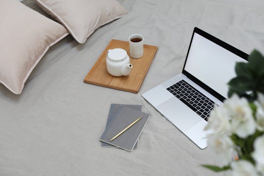 calm workspace with a cup of tea